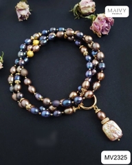 MV2325 - Dây chuyền ngọc trai lông công quấn 2 vòng mặt ngọc trai baroque vuông màu hồng ánh tím