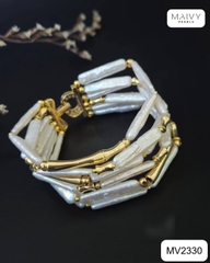 MV2330 - Lắc tay 6 sợi ngọc trai baroque hạt dài màu trắng mix phụ kiện bạc 925 mạ vàng 18k