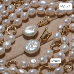 MV2336- Set dây chuyền, lắc tay, bông tai trai gạo trắng 9li mix charm