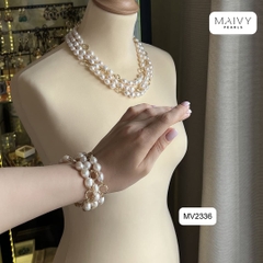 MV2336- Set dây chuyền, lắc tay, bông tai trai gạo trắng 9li mix charm