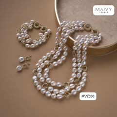 MV2336- Set dây chuyền, lắc tay, bông tai trai gạo trắng 9li mix charm