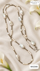 MV2348 - Set dây chuyền đá spinel đen mix ngọc trai baroque trắng gồm dây dài và dây ngắn
