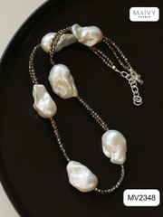 MV2348 - Set dây chuyền đá spinel đen mix ngọc trai baroque trắng gồm dây dài và dây ngắn