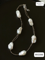 MV2348 - Set dây chuyền đá spinel đen mix ngọc trai baroque trắng gồm dây dài và dây ngắn