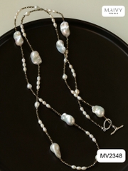 MV2348 - Set dây chuyền đá spinel đen mix ngọc trai baroque trắng gồm dây dài và dây ngắn