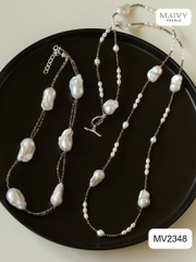 MV2348 - Set dây chuyền đá spinel đen mix ngọc trai baroque trắng gồm dây dài và dây ngắn