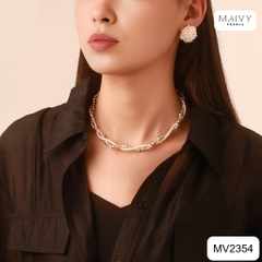 MV2354 -Set Dây chuyền 2 sợi ngọc trai trắng mix ngọc trai xám đan xéo sz 5mm mix bông tai chùm