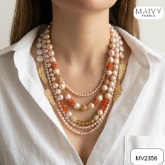 MV2356 - Dây chuyền ngọc trai nhiều sợi mix san hô đỏ và charm bạc 925 mạ vàng 18k