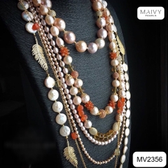 MV2356 - Dây chuyền ngọc trai nhiều sợi mix san hô đỏ và charm bạc 925 mạ vàng 18k