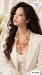 MV2356 - Dây chuyền ngọc trai nhiều sợi mix san hô đỏ và charm bạc 925 mạ vàng 18k