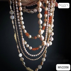 MV2356 - Dây chuyền ngọc trai nhiều sợi mix san hô đỏ và charm bạc 925 mạ vàng 18k