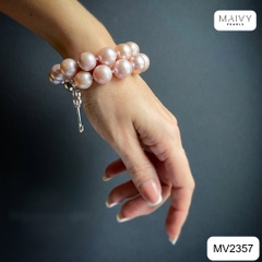MV2357 - Set ngọc trai tròn hồng ánh tím gồm dây chuyền/lắc tay 2 sợi/bông tai