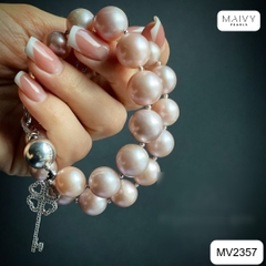 MV2357 - Set ngọc trai tròn hồng ánh tím gồm dây chuyền/lắc tay 2 sợi/bông tai