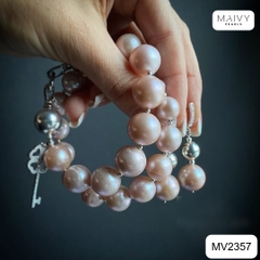MV2357 - Set ngọc trai tròn hồng ánh tím gồm dây chuyền/lắc tay 2 sợi/bông tai