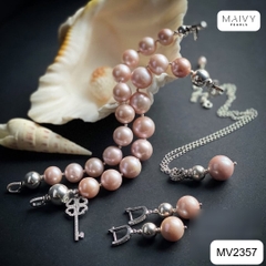 MV2357 - Set ngọc trai tròn hồng ánh tím gồm dây chuyền/lắc tay 2 sợi/bông tai