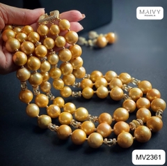 MV2361- Set dây chuyền 3 sợi trai vàng mix charm và bông tai