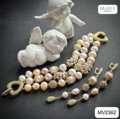 MV2362- Set lắc tay 3 sợi và bông tai Pearl De Lune