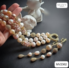 MV2362- Set lắc tay 3 sợi và bông tai Pearl De Lune