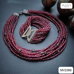 MV2366 - Set dây chuyền và lắc tay 10 sợi thạch lựu mix pha lê đen