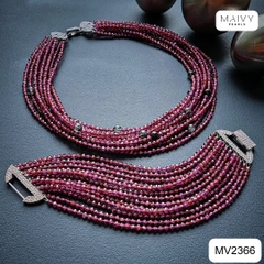 MV2366 - Set dây chuyền và lắc tay 10 sợi thạch lựu mix pha lê đen
