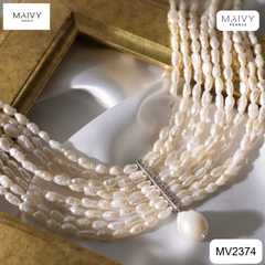 MV2374 - Set ngọc trai gạo màu trắng gồm dây chuyền nhiều sợi mặt ngọc trai baroque và lắc tay nhiều sợi