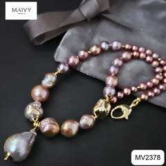 MV2378- - Set ngọc trai baroque màu hồng ánh tím nhiều size gồm dây chuyền và lắc tay 3 sợi