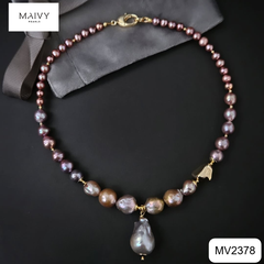 MV2378- - Set ngọc trai baroque màu hồng ánh tím nhiều size gồm dây chuyền và lắc tay 3 sợi