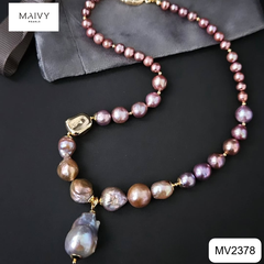 MV2378- - Set ngọc trai baroque màu hồng ánh tím nhiều size gồm dây chuyền và lắc tay 3 sợi