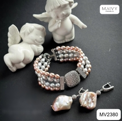 MV2380 - Set lắc tay ngọc trai gạo 4 sợi màu cam,xám và bông tai ngọc trai barroque hồng ánh tím