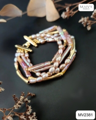 MV2381 - Lắc tay 5 sợi gồm ngọc trai gạo mix ngọc trai baroque hạt dài màu hồng ánh tím
