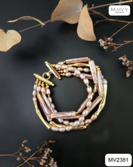 MV2381 - Lắc tay 5 sợi gồm ngọc trai gạo mix ngọc trai baroque hạt dài màu hồng ánh tím