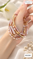 MV2381 - Lắc tay 5 sợi gồm ngọc trai gạo mix ngọc trai baroque hạt dài màu hồng ánh tím