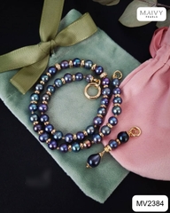 MV2384- Dây chuyền ngọc trai tròn màu lông công mix charm bạc 925 mạ vàng 18k có mặt thông minh tháo rời được