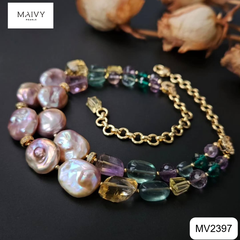 MV2397- Dây chuyền đôi Baroque hồng ánh tím mix đa đa sắc