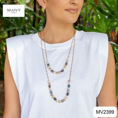 MV2399 - Set ngọc trai nửa vòng mix dây bạc 925 mạ vàng 18k dài ngắn gồm 3 màu lông công/hồng ánh tím/mix tứ quý