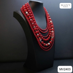 MV2403 - Dây chuyền san hô đỏ mix bi bạc 925 mạ vàng 18k nhiều sợi xếp tầng 2 kích thước dây sz hạt nhỏ và dây sz hạt toước dây size hạt nhỏ và dây s