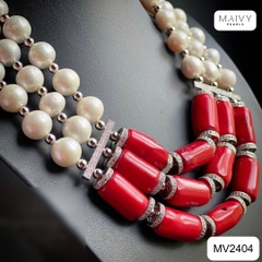 MV2404 - Dây chuyền ngọc trai tròn màu trắng nhấn mặt san hô đỏ gồm 3 sợi chung khóa