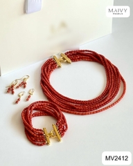 MV2412 - Set san hô đỏ nhiều sợi gồm dây chuyền, lắc tay,bông tai