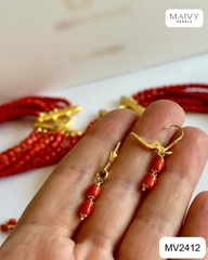MV2412 - Set san hô đỏ nhiều sợi gồm dây chuyền, lắc tay,bông tai