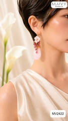 MV2422 - Bông tai đá tự nhiên kết chùm nhấn đá thạch anh hồng đậm