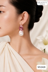 MV2426 - Bông tai đá tự nhiên hồng tím nhấn ngọc trai baroque trắng khuyên móc