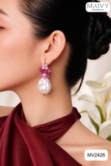 MV2426 - Bông tai đá tự nhiên hồng tím nhấn ngọc trai baroque trắng khuyên móc
