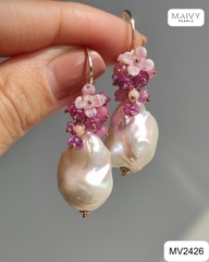 MV2426 - Bông tai đá tự nhiên hồng tím nhấn ngọc trai baroque trắng khuyên móc