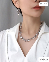 MV2428 - Set ngọc trai keshi mix trai gạo nhí màu trắng gồm dây chuyền và bông tai kết thả dài dáng móc