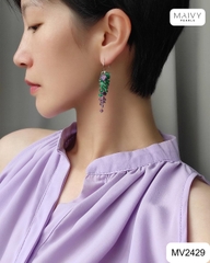 MV2429 - Bông tai đá tự nhiên kết chùm nho dài khuyên móc màu xanh lá mix tím