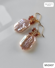 MV2437 - Bông tai đá tự nhiên nhấn trai baroque chữ nhật khuyên móc