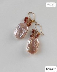 MV2437 - Bông tai đá tự nhiên nhấn trai baroque chữ nhật khuyên móc
