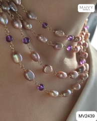 MV2439 - Dây chuyền ngọc trai baroque hồng ánh tím mix đá thạch anh tím 4 sợi chung khóa