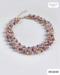 MV2439 - Dây chuyền ngọc trai baroque hồng ánh tím mix đá thạch anh tím 4 sợi chung khóa