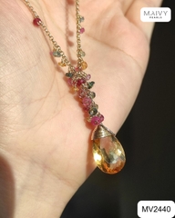 MV2440 - Dây chuyền bạc 925 mạ vàng 18k mặt đá tự nhiên mix màu nhấn viên thạch anh vàng hình giọt nước
